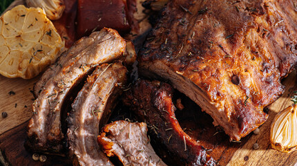 Smoked BBQ Ribs from a summer barbecue in nature.