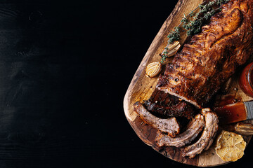 Smoked BBQ Ribs from a summer barbecue in nature.