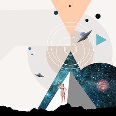 Contemporary art collage. Geometric abstract figures with space aesthetics. Woman talking in...