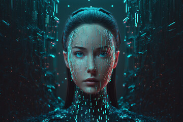 fictional person, representing artificial intelligence, with green codes and computer components mixed by his imaginary face, generated by AI