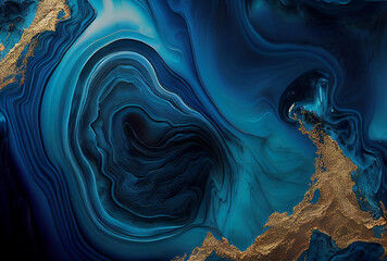 Obraz premium Abstract marble ocean art. Natural Luxury. Style incorporates the swirls of marble or the ripples of agate. Very beautiful blue paint with the addition of gold powder. Generative Ai.