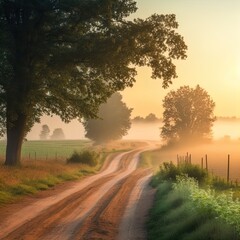 A winding country road at dawn, full of fog.