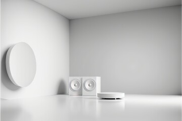  a white room with a speaker and a speaker box on the floor and a round object on the wall in the corner of the room.  generative ai - obrazy, fototapety, plakaty