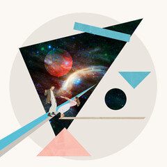 Contemporary art collage. Beautiful young couple, man and woman dancing over cosmos design....
