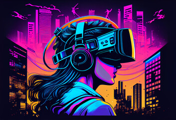 Concept of virtual reality technology, graphic of a teenage gamer wearing VR head-mounted playing game. Generative Ai.