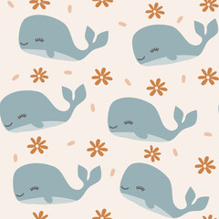cute pastel blue cartoon whale seamless vector pattern background illustration with brown daisy flowers - 567771107