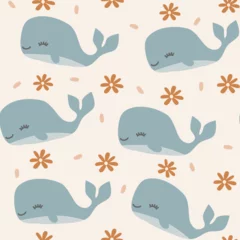 Tuinposter cute pastel blue cartoon whale seamless vector pattern background illustration with brown daisy flowers © Alice Vacca