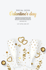Valentine's day, February 14. Vector illustrations of love, heart, gift, champagne glasses, confetti sweets. Drawings for postcard, card, congratulations and poster.