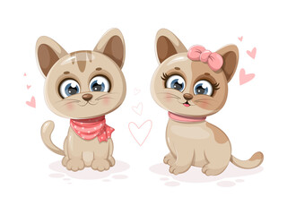 Two cartoon and cute kittens with hearts