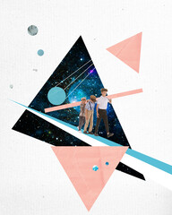 Contemporary art collage. Playful little boys, brothers, children walking, playing over geometric elements with outer space image. Surrealism. Futuristic design. Abstract art. Concept of inspiration