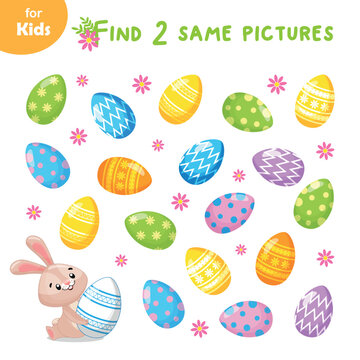 Mini game for children on the theme of Easter. Help the rabbit find 2 same eggs