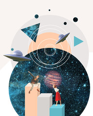 Contemporary art collage. Young man and woman finding out interesting information about space....