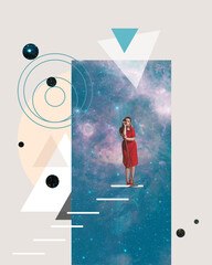 Contemporary art collage. Beautiful woman standing with mop over outer space background. Geometric...