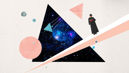 Contemporary art collage. Senior woman, lady reading book. Outer space image inside geometric...