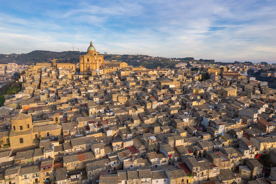Aerial view of cathedral and cityscape, Piazza Armerina, Enna, Sicily, Italy