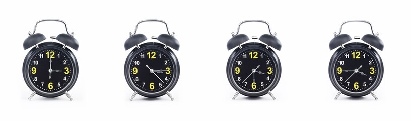close up of a set of black alarm clocks showing the time; 3, 3.15, 3.30 and 3.45 p.m or a.m. Isolated on white background - obrazy, fototapety, plakaty