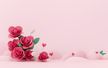 Fototapeta na wymiar Pink flowers Background, cute 3d render, pastel color palette, 4k