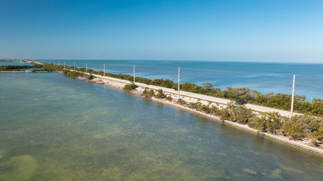 Aerial view roadway along US1 in from Marathon to Key West in Florida Keys.