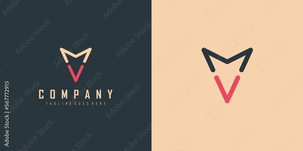 Poster abstract initial letter m and v linked logo. blue and red geometric arrow line style isolated on dou