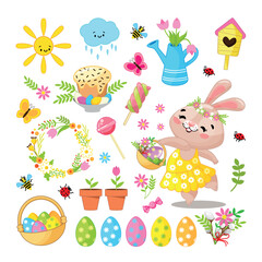 Easter big holiday set with eggs and rabbit in cartoon style. Element for design