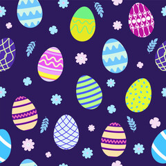 Easter pattern with eggs and flowers on a dark background