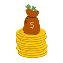 bag with cash on golden coins