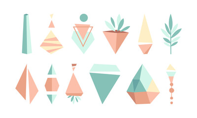Fototapeta na wymiar Boho decorative geometric elements in pastel colors. For creative and harmonious design and decor. Modern and trendy set of vector decorative elements