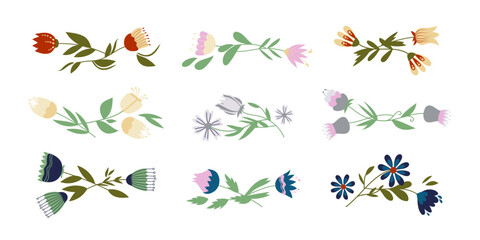 Floral set of flower decorative elements for design and decor. Springtime vector hand drawn flowers compositions. Spring Easter decoration. Set of blossom folk flowers, isolated on white background.