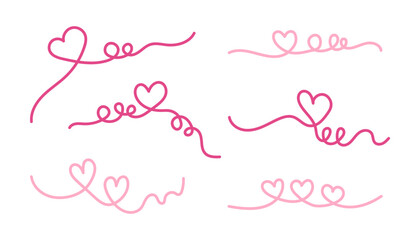 Valentines Day pink heart line set. Cute love decorative elements. Valentine's day hand drawn outline heart lines for romantic event or wedding. Calligraphic romantic heart flourish.