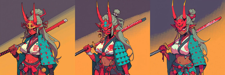 Portraits of a samurai devil girl. Retro anime style illustration on a colorful background. beautiful and strong characters.