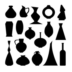 Large set of vases and jugs. Simple minimalistic flat shapes. Flower vases and liquid jugs, collection tableware elements, can be repainted and used as isolated objects, black vase silhouette.