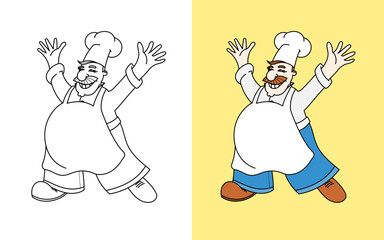A happy cook stands with his hands up. Flat vector illustration with outline.