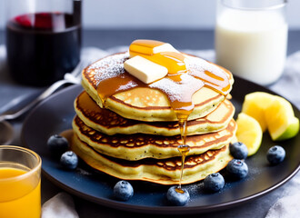 Stack of pancakes with fresh blueberry