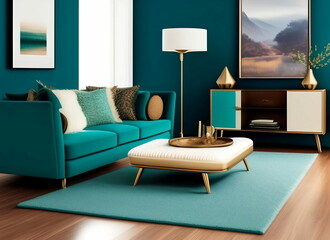 a minimalistic modern lounge with multi colour rug, teal cushions and wooden floor. generative AI.