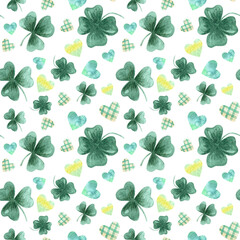 Watercolor hand drawn seamless pattern with green clover leaves and plaid hearts on white background. Symbol of good luck with shamrock plant leaves. Ireland decor for St. Patrick's Day party.