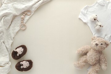 Baby, nursery background mockup, beige background flat lay composition with baby accessories and...