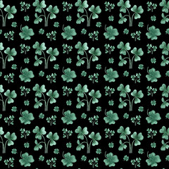 Fototapeta na wymiar Watercolor hand drawn seamless pattern with green clover trefoil leaves on black background. Four leaved symbol of luck, shamrock plant. Ireland traditional decor for St. Patrick's Day party.