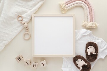 Square wooden frame mockup for baby, nursery art, pregnancy announcement, name sign