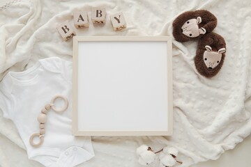 Natural wood frame mockup for baby, nursery art, pregnancy announcement, blank square frame name...