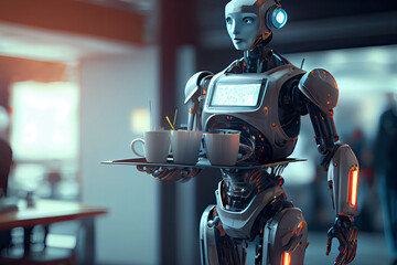 Fototapeta premium A humanoid robot waiter carries a tray of food and drinks in a restaurant