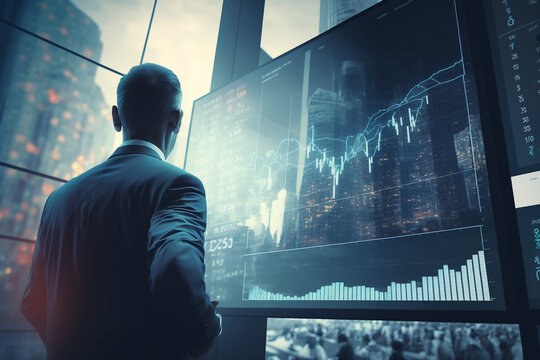 Finance trade manager analysing stock market indicators for best investment strategy, financial data and charts with business buildings in background, futuristic style