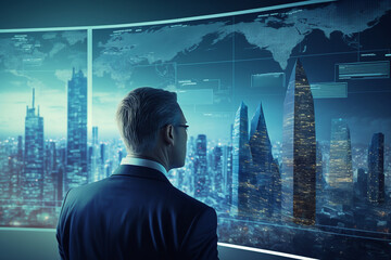 Finance trade manager analysing stock market indicators for best investment strategy, financial data and charts with business buildings in background, futuristic style