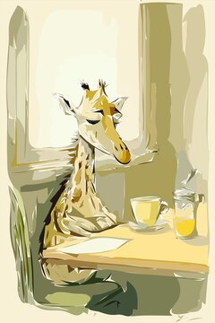 Tired Giraffe Is Drinking Coffe  Abstract Digital Illustrations Painting Concept Art Part#30223