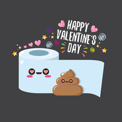 Funky poo and toilet paper falling in love. Valentines day cartoon funky greeting card or banner with paper roll and poo character isolated on grey background. 14 February cartoon banner