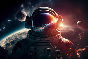 Fototapeta na wymiar Astronaut In Space With Planets In Background