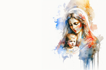 Mary and Jesus White background banner art, Generative Ai