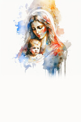 Beautiful Watercolor Art of Mary and Jesus, Generative Ai