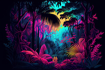 tropical forest, coloring and beautiful magneting illumination, color, light, neon style, dusk, fluorescent, particular of natural illustration