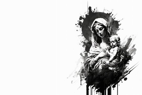 Holy Virgin Mary with baby jesus, a white card design of the immaculate conception, assumption, annunciation, holy family, Generative Ai