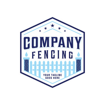 Professional fence company logo vintage isolated, fencing logo emblem vector design in blue color